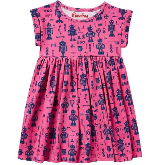 Piccolina Dress Pink Purple Robot SS Tiered Rolled Sleeve 100% Cotton Size 4T - Picture 8 of 8